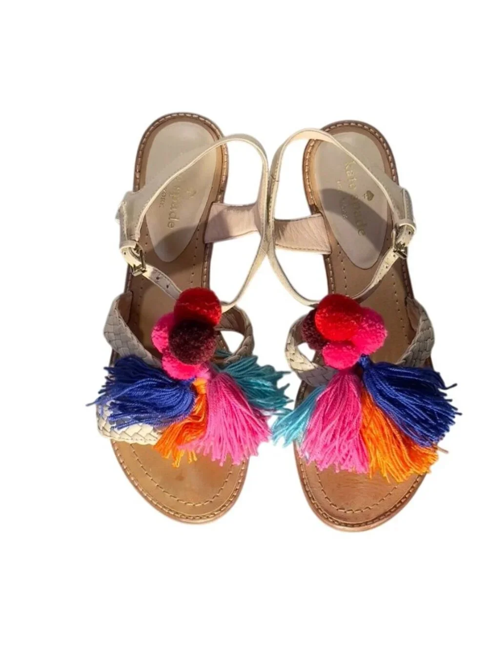KATE SPADE New York Sunset Women's Sandals Beige Leather Woven Tassel Size 7M